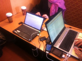 Table of laptops at Panera as described in the text below