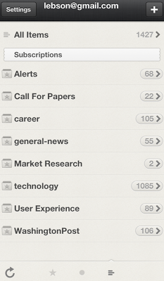Screenshot of Reeder on iPhone showing the categories described below